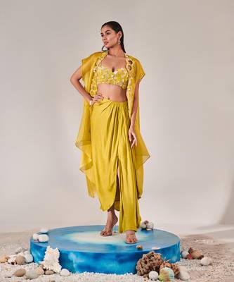 Yellow embroidery drape silk satin skirt set 1