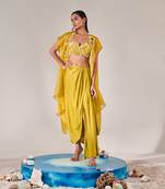 Yellow embroidery drape silk satin skirt set