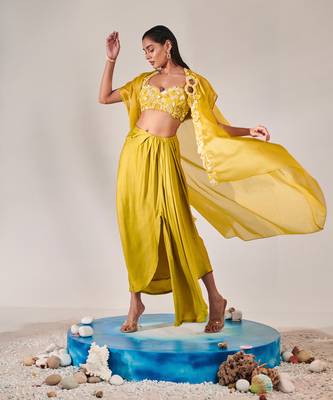 Yellow embroidery drape silk satin skirt set 2