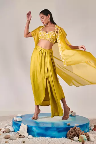 Yellow embroidery drape silk satin skirt set
