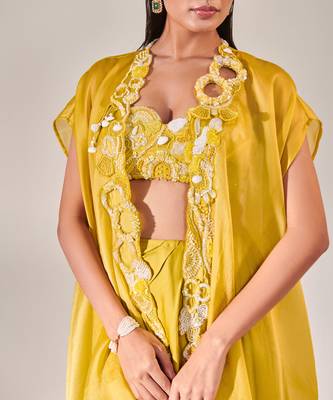 Yellow embroidery drape silk satin skirt set 3