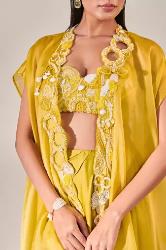 Yellow embroidery drape silk satin skirt set