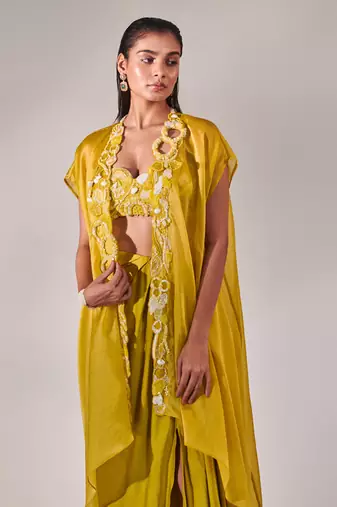 Yellow embroidery drape silk satin skirt set