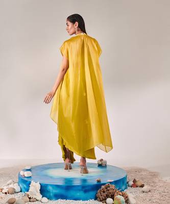 Yellow embroidery drape silk satin skirt set 5