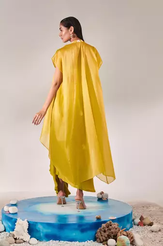 Yellow embroidery drape silk satin skirt set