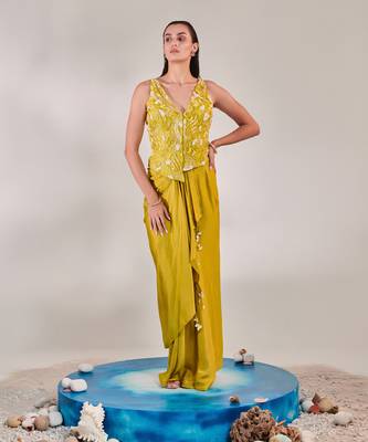 Yellow jacket and drape skirt set 1