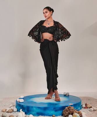 Black short cape asymmetric drape skirt set 1