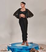 Black short cape asymmetric drape skirt set