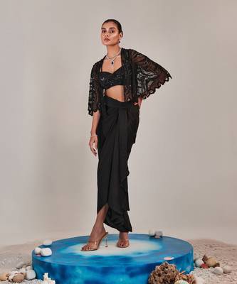 Black short cape asymmetric drape skirt set 2