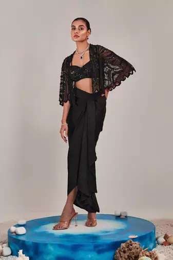 Black short cape asymmetric drape skirt set
