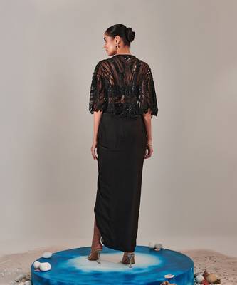 Black short cape asymmetric drape skirt set 3