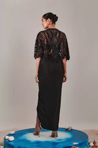 Black short cape asymmetric drape skirt set