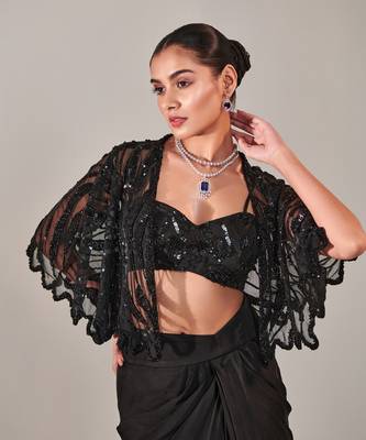 Black short cape asymmetric drape skirt set 4