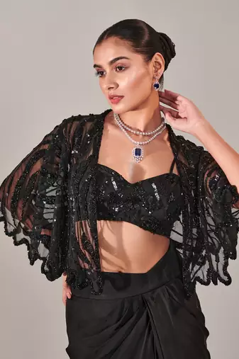 Black short cape asymmetric drape skirt set