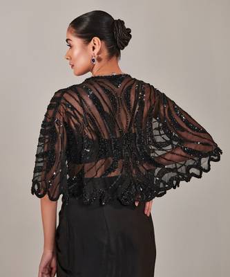 Black short cape asymmetric drape skirt set 5
