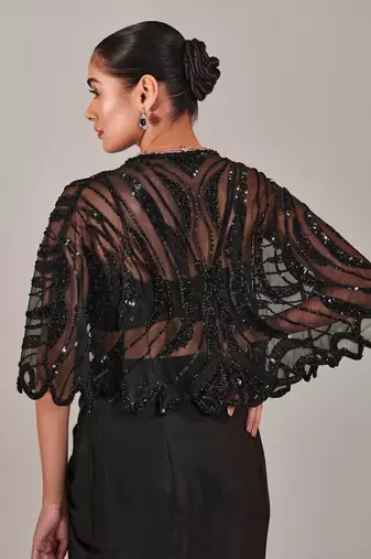Black short cape asymmetric drape skirt set