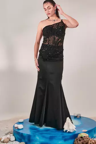 Black bustier and kalidar fitted skirt set