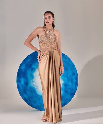 Champagne gold corset halterneck gown 1