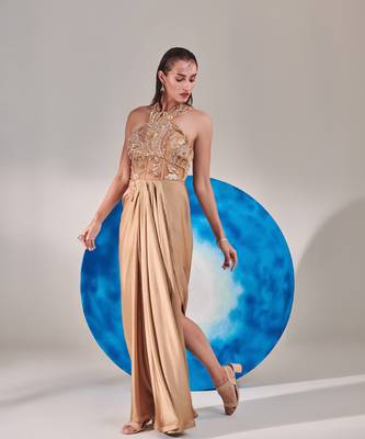 Champagne gold corset halterneck gown 2