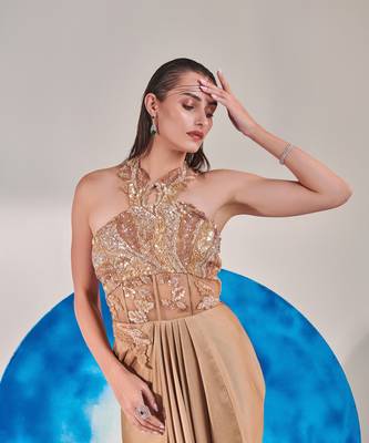 Champagne gold corset halterneck gown 3