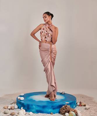 Nudish pink drape skirt and halter neck top set 1