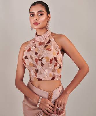 Nudish pink drape skirt and halter neck top set 2