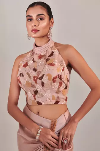 Nudish pink drape skirt and halter neck top set