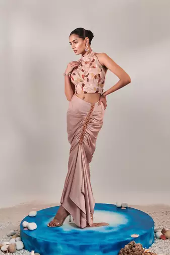 Nudish pink drape skirt and halter neck top set