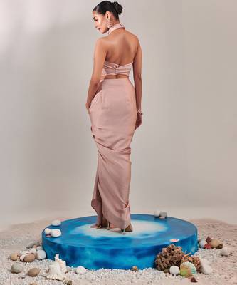 Nudish pink drape skirt and halter neck top set 4