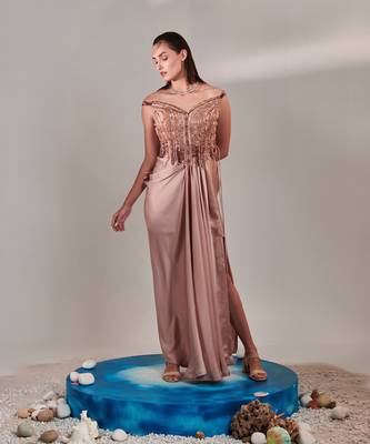 Nudish pink gradient drape gown 1