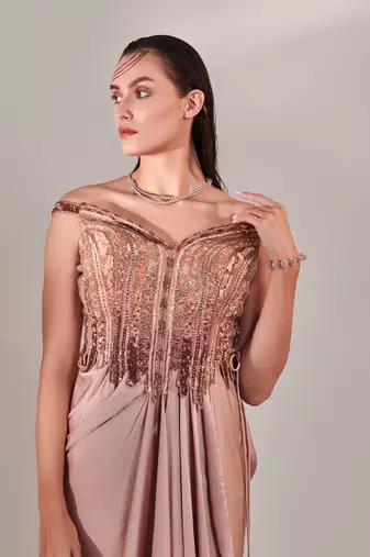 Nudish pink gradient drape gown