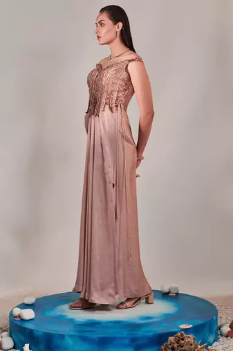 Nudish pink gradient drape gown