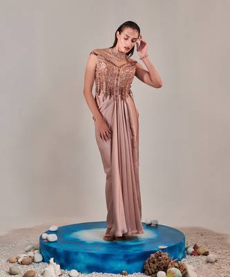 Nudish pink gradient drape gown 5