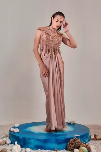 Nudish pink gradient drape gown