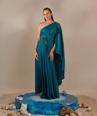 Teal one shoulder drape gown 1