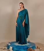 Teal one shoulder drape gown