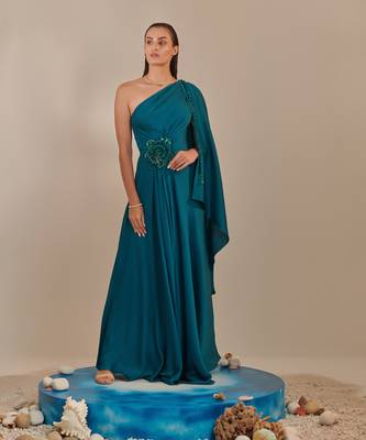 Teal one shoulder drape gown 2