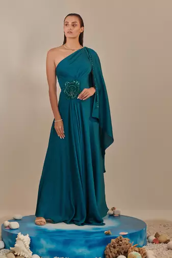 Teal one shoulder drape gown