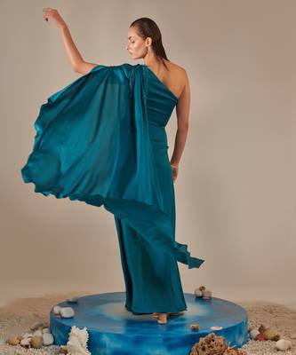 Teal one shoulder drape gown 3
