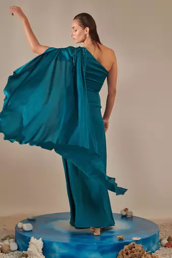 Teal one shoulder drape gown