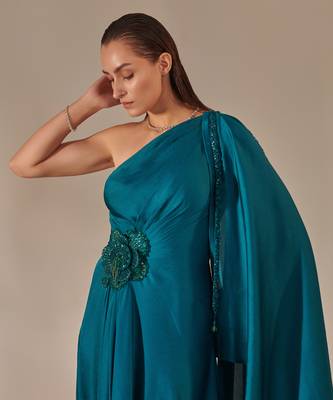 Teal one shoulder drape gown 4
