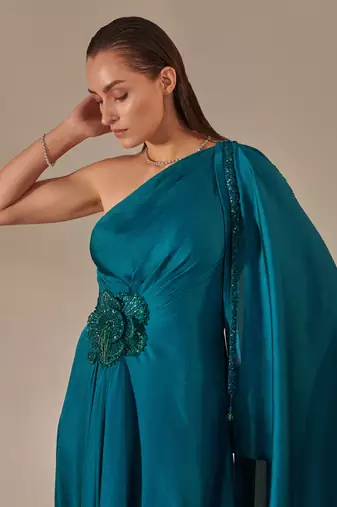 Teal one shoulder drape gown