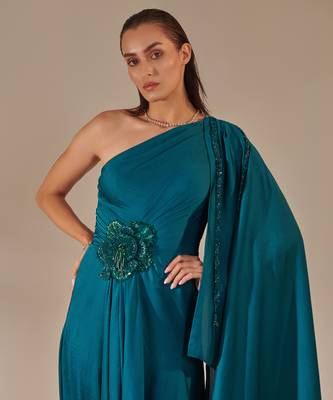 Teal one shoulder drape gown 5