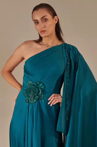 Teal one shoulder drape gown