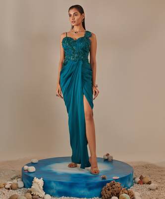 Teal hand embroidered drape gown 1