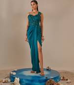 Teal hand embroidered drape gown