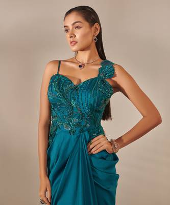 Teal hand embroidered drape gown 3