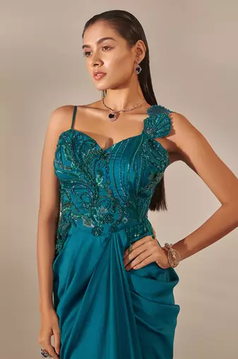 Teal hand embroidered drape gown