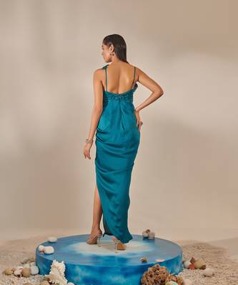 Teal hand embroidered drape gown 4