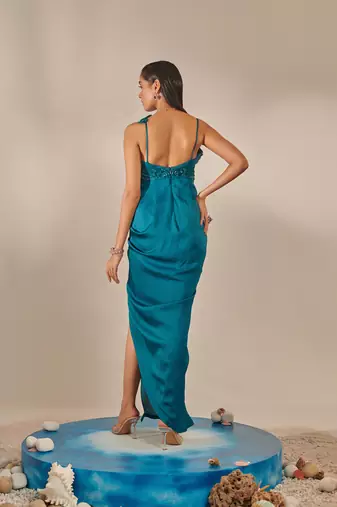 Teal hand embroidered drape gown